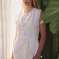 Stellaire Dress in white linen with ivory lace detail, above-the-knee summer dress perfect for brides-to-be, made in Canada