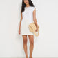 Stellaire Dress in white linen with ivory lace detail, above-the-knee summer dress made in Canada
