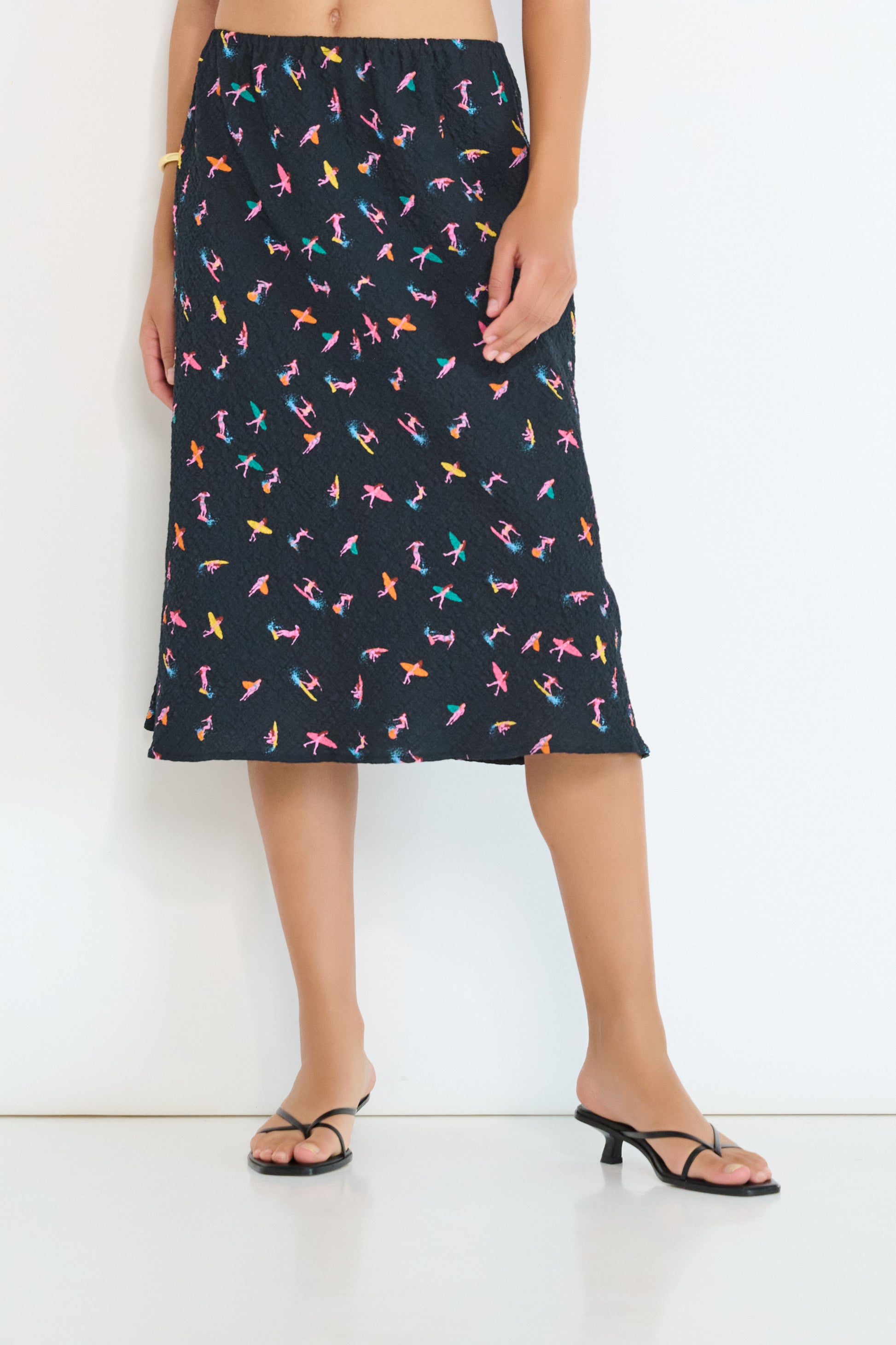 Coastline Bias Skirt Petit Surfer French cotton seersucker bias cut midi skirt with elastic waistband made in Canada