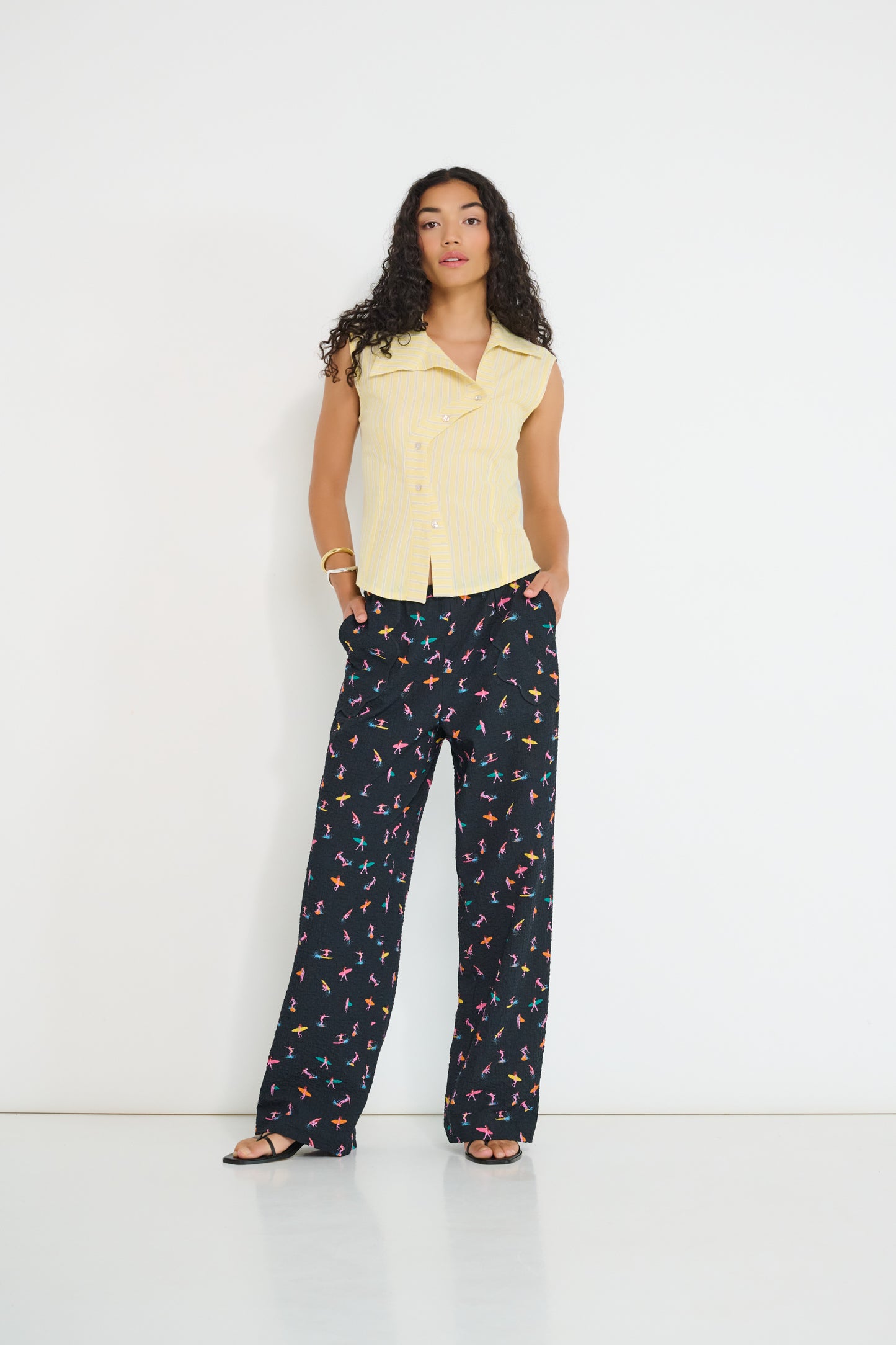 Coastline Pants Petit Surfer print styled with Reverie Vest showing relaxed summer outfit in French cotton seersucker made in Canada