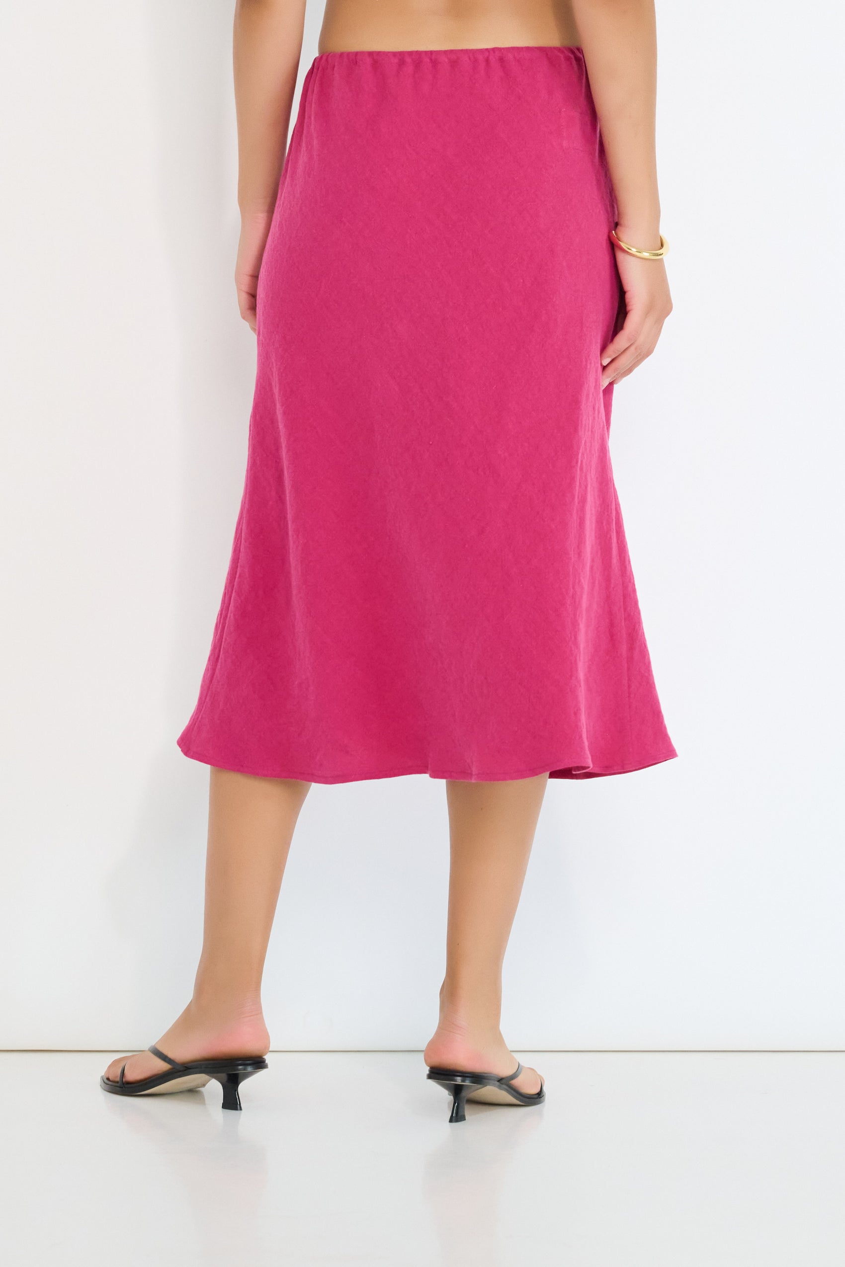 Coastline Bias Skirt Magenta European flax linen bias cut midi skirt with elastic waistband made in Canada