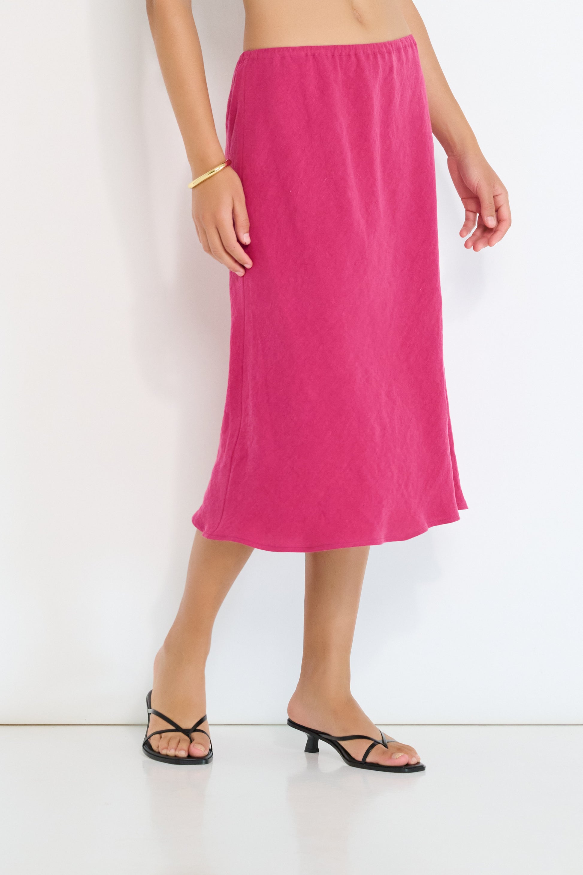 Coastline Bias Skirt Magenta European flax linen bias cut midi skirt with elastic waistband made in Canada