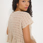 Delicia Top beige semi sheer linen gathered top made in Canada back view
