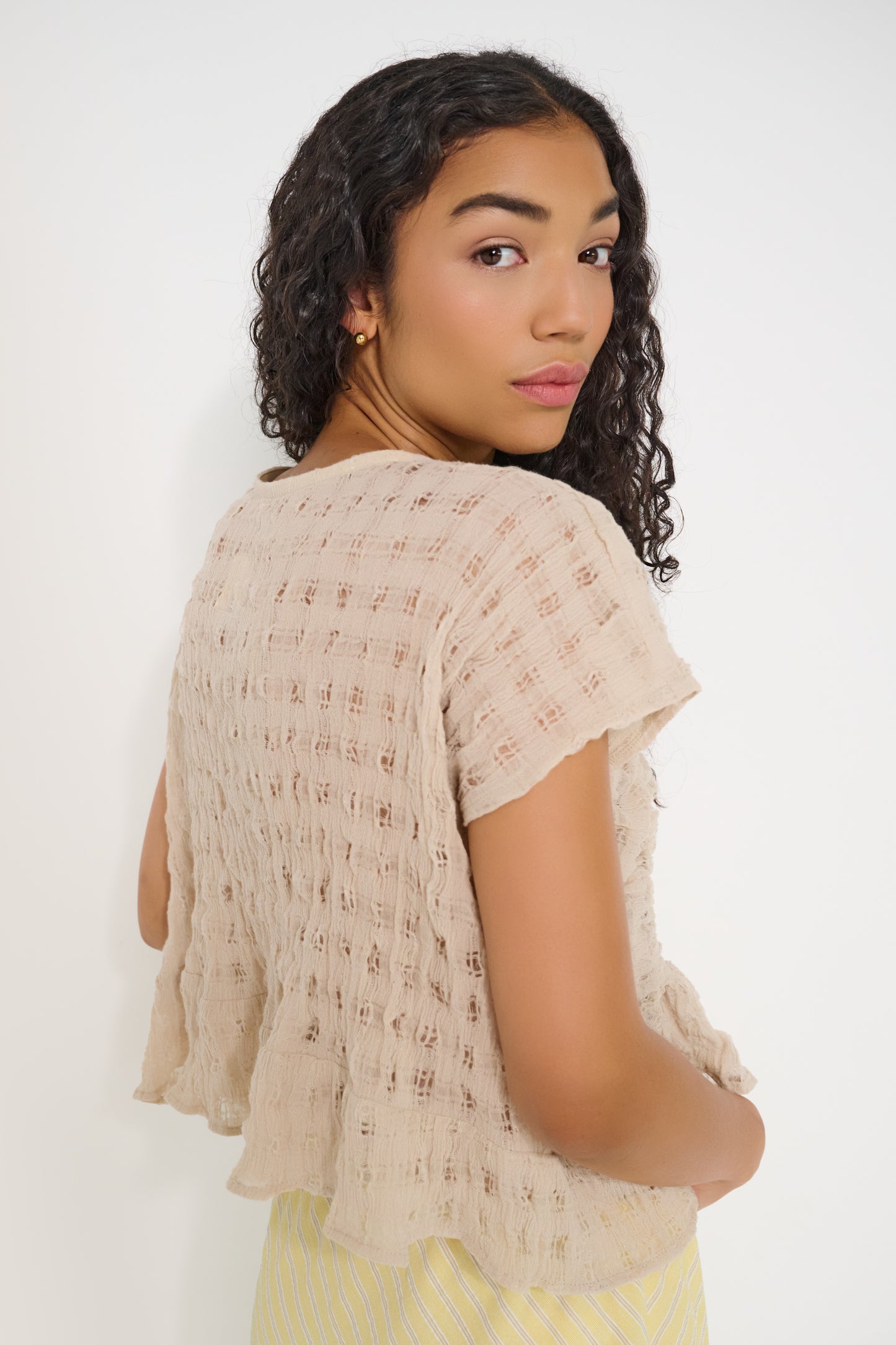 Delicia Top beige semi sheer linen gathered top made in Canada back view