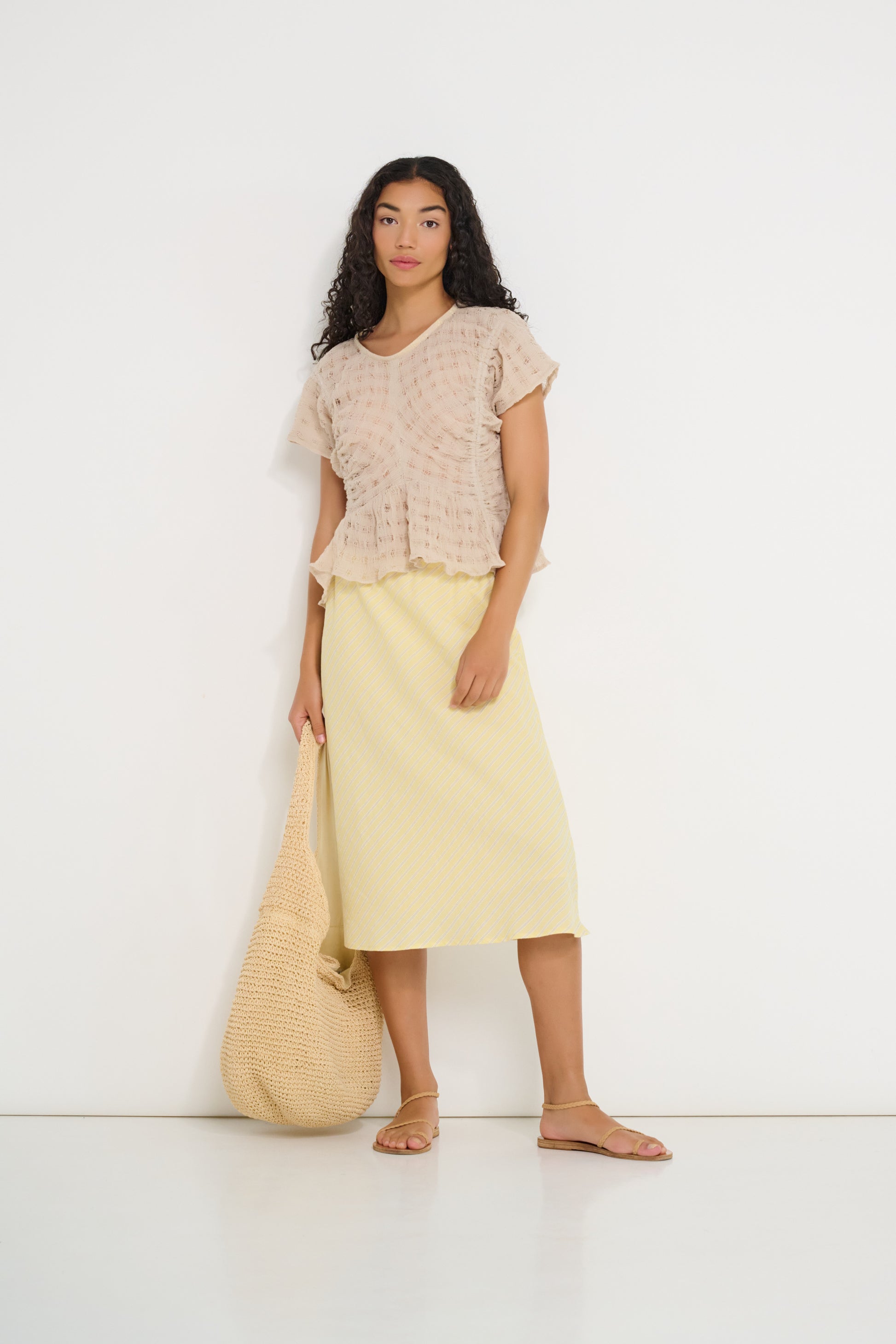 Delicia Top beige linen semi sheer gathered summer top made in Canada styled with Coastline skirt