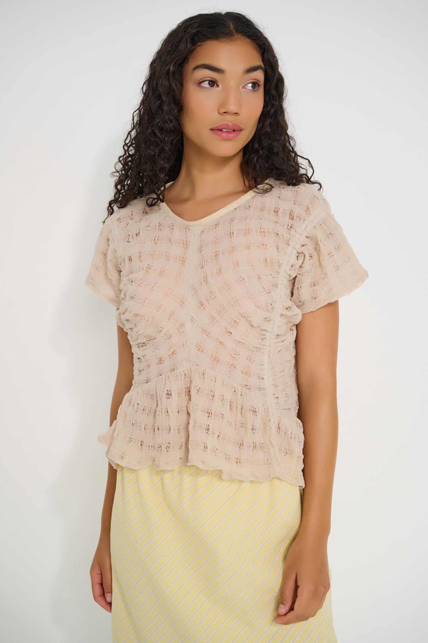 Delicia Top beige semi sheer linen gathered top made in Canada front view