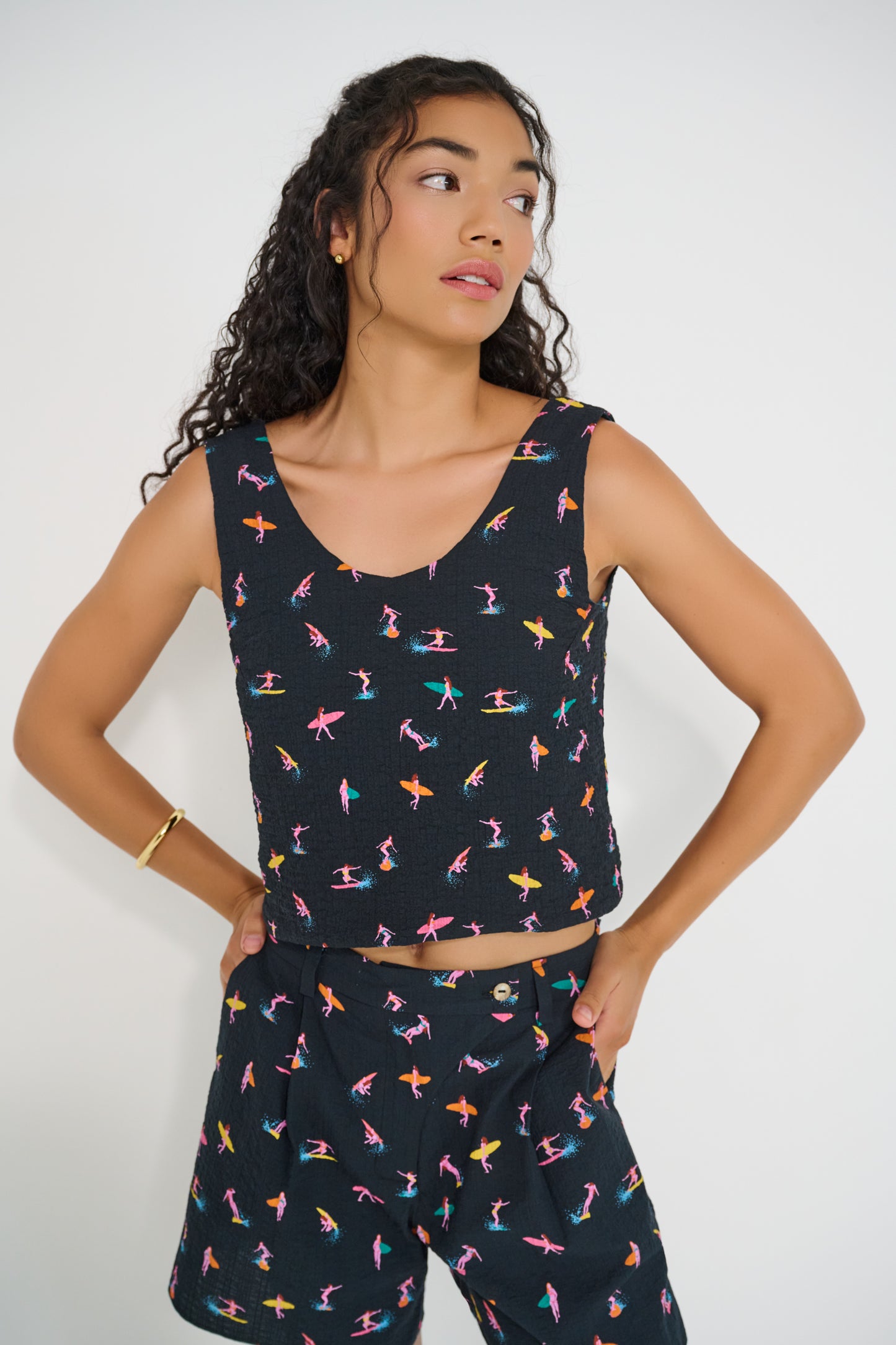 Reef Shorts Petit Surfer styled with Reef Reversible Top summer outfit cotton seersucker made in Canada