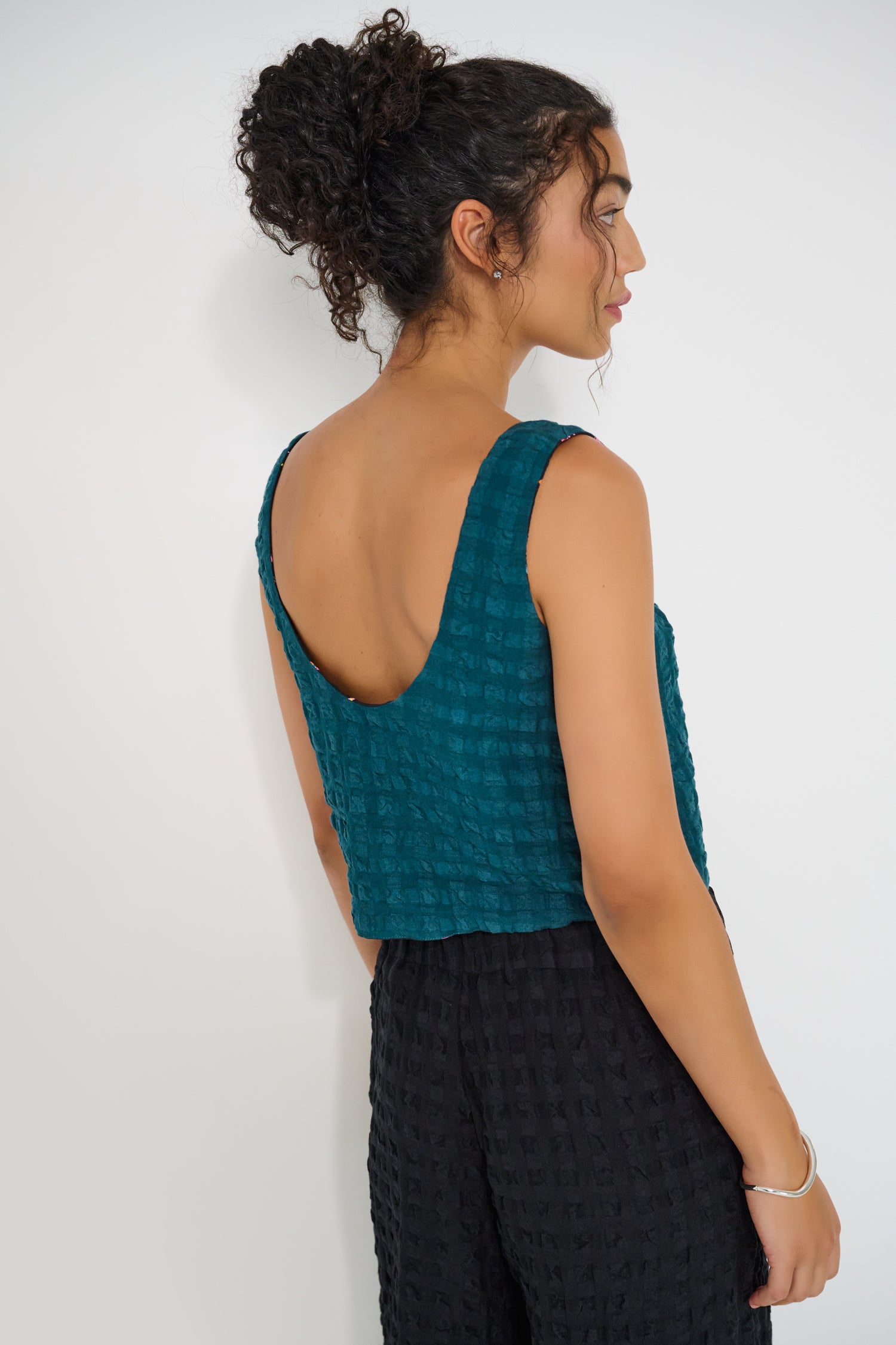 Reef Reversible Top deep teal linen viscose seersucker reversible top made in Canada