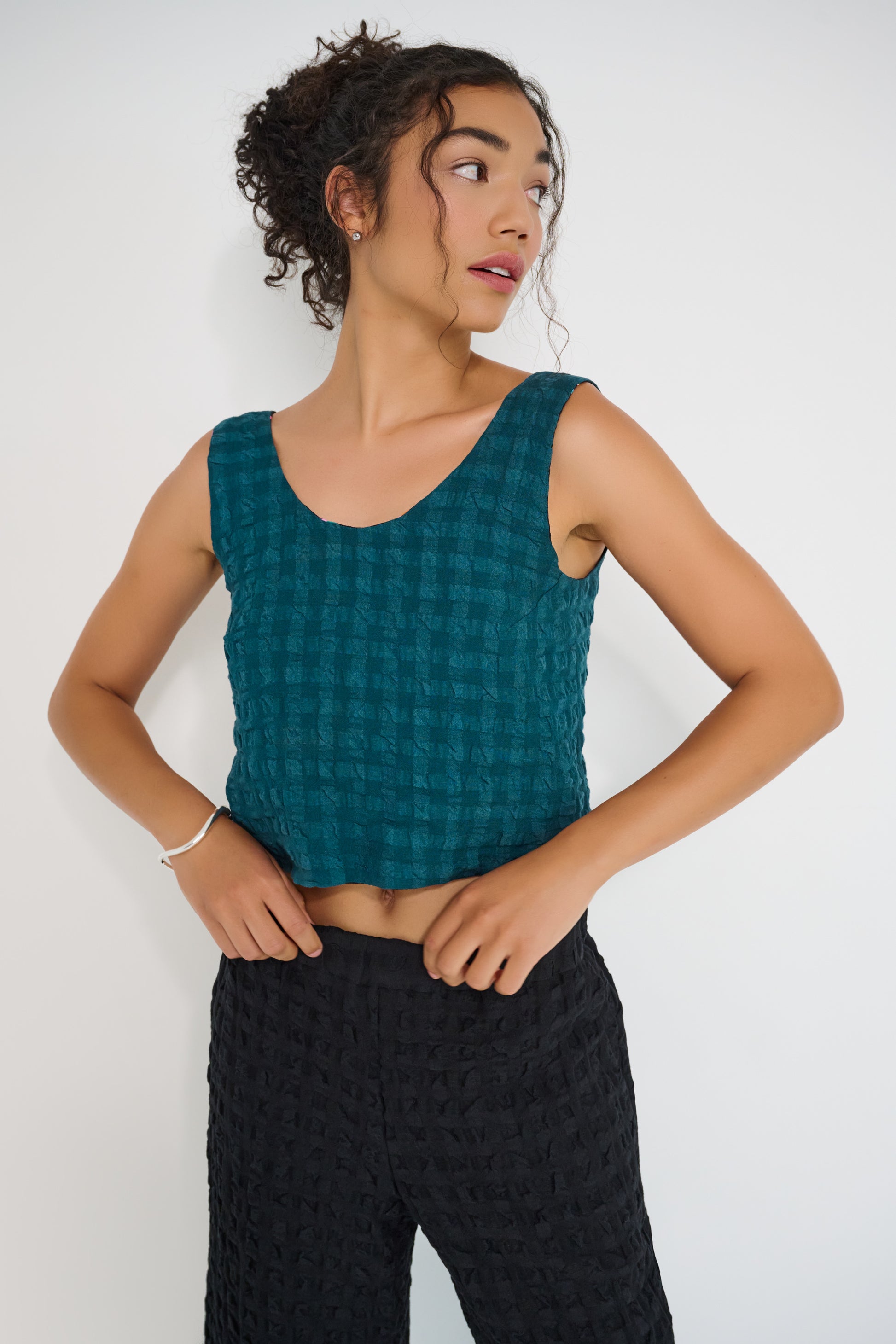 Reef Reversible Top deep teal linen viscose seersucker reversible summer top made in Canada
