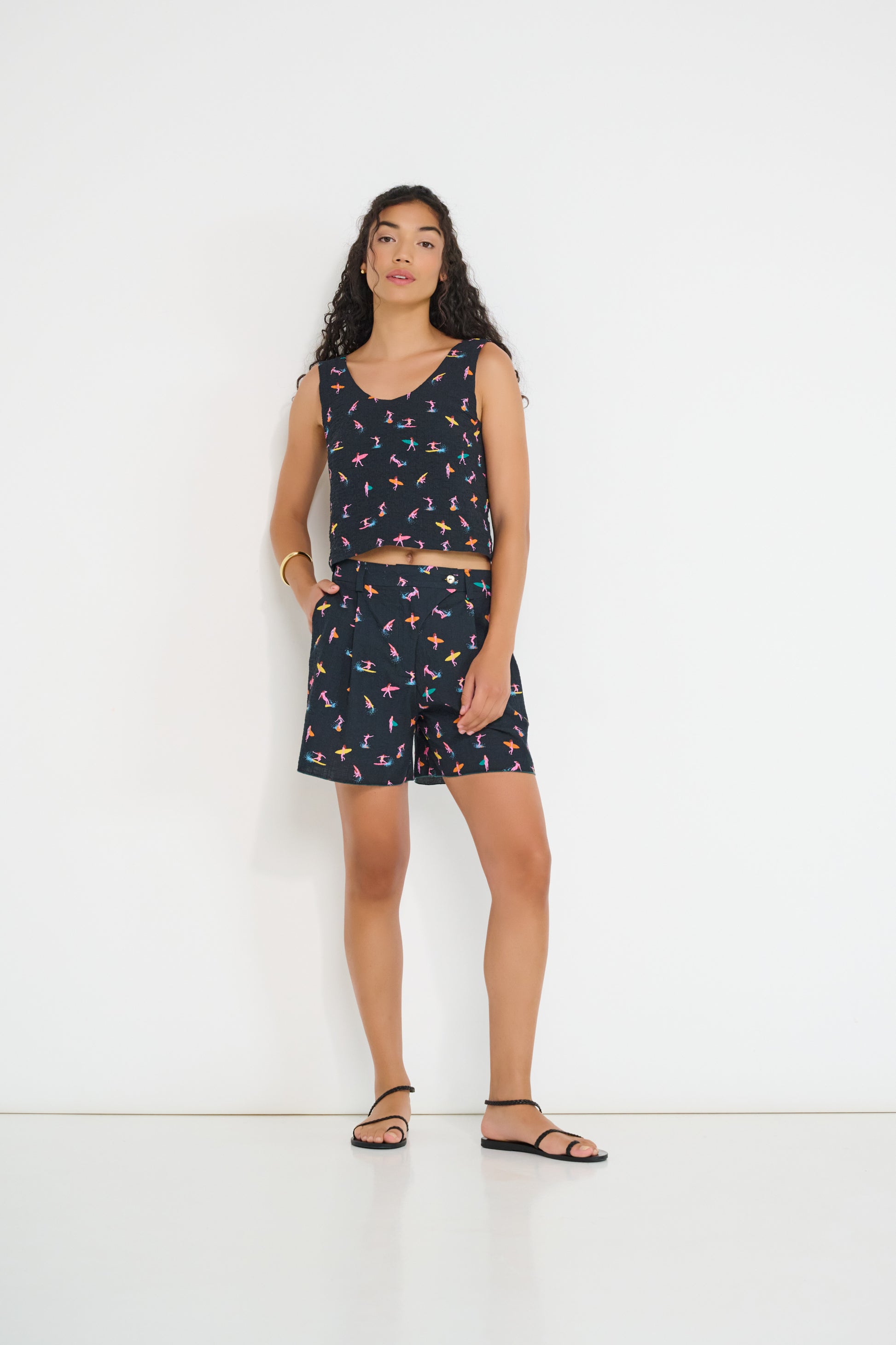 Model wearing Reef Reversible Top Petit Surfer print French cotton seersucker reversible top with Reef Shorts made in Canada