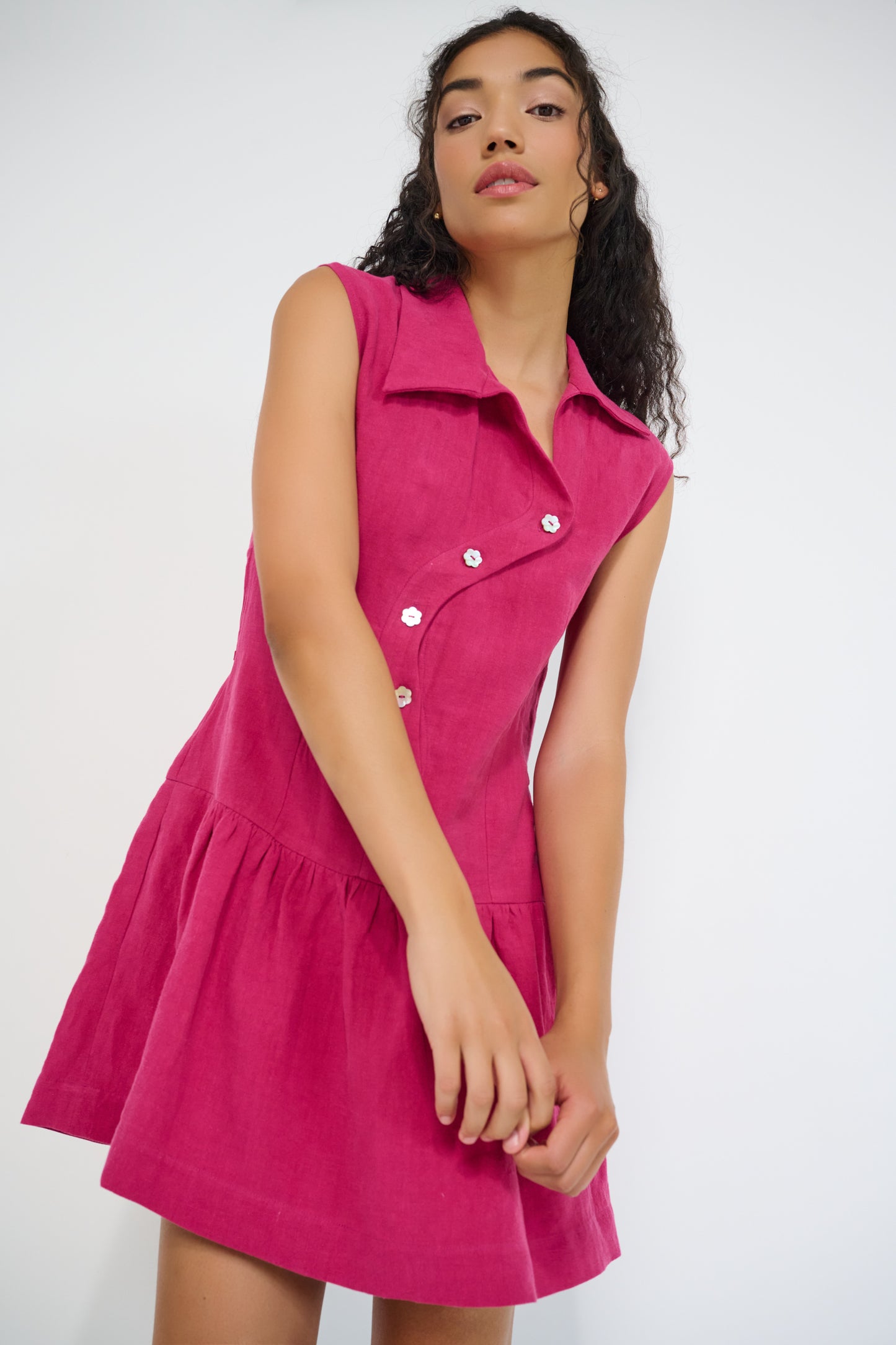 Reverie Dress Magenta European flax linen drop waist summer dress front view made in Canada