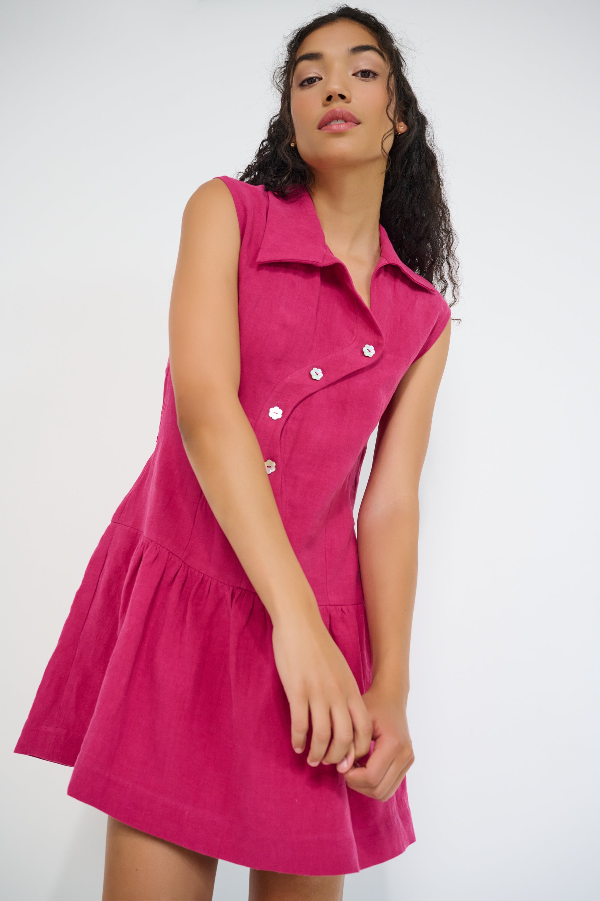 Reverie Dress Magenta European flax linen drop waist summer dress front view made in Canada