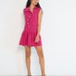 Model wearing Reverie Dress Magenta European flax linen drop waist dress made in Canada