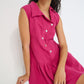 Reverie Dress Magenta European flax linen asymmetrical button-tab closure detail made in Canada