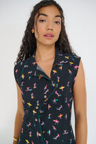 Reverie midi dress front detail in black Petit Surfer French cotton seersucker with drop waist silhouette made in Canada