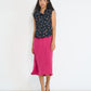 Model wearing Reverie Vest Petit Surfer French cotton seersucker with asymmetrical embroidered closure made in Canada