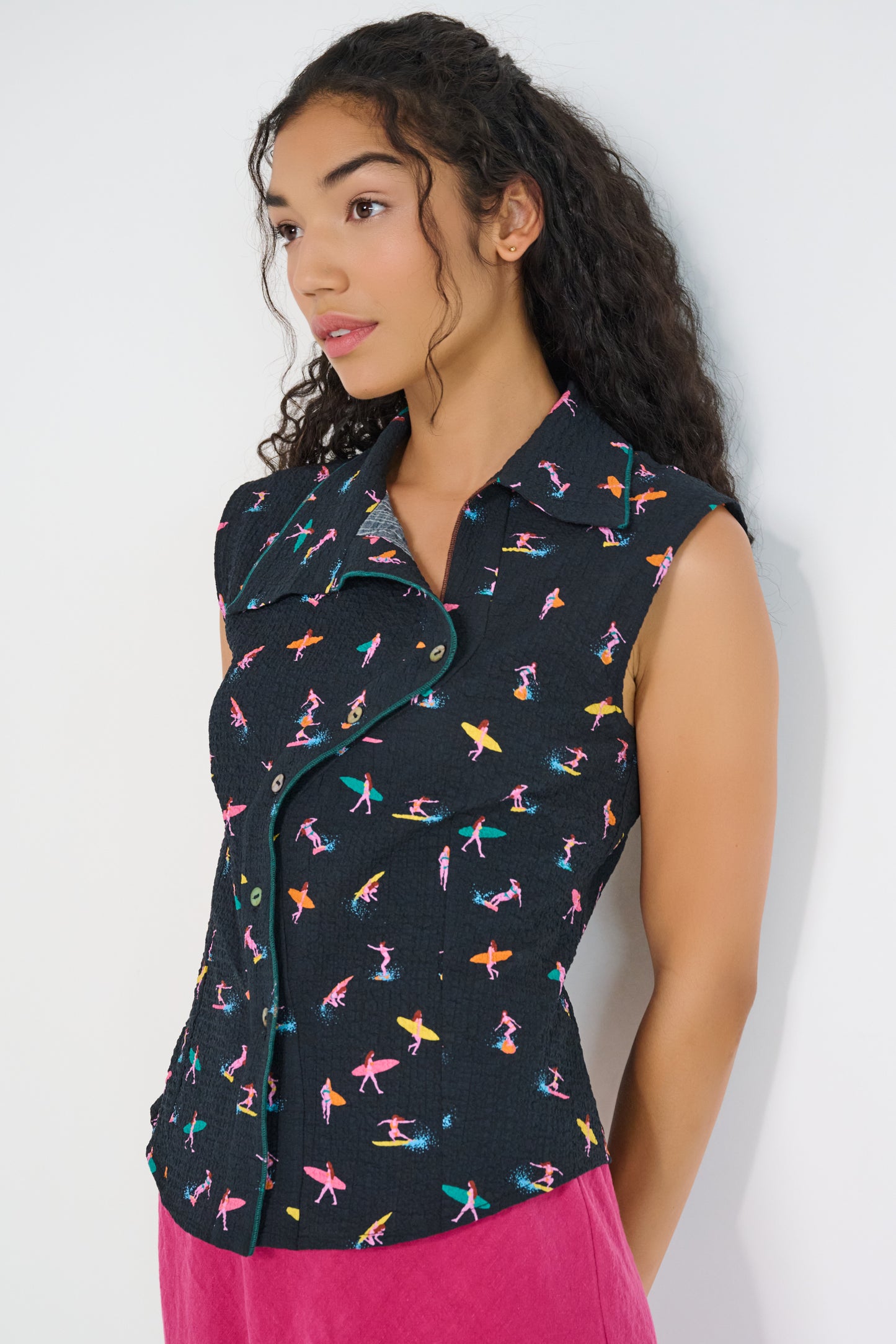 Reverie Vest Petit Surfer asymmetrical embroidered button-tab closure with seashell buttons made in Canada