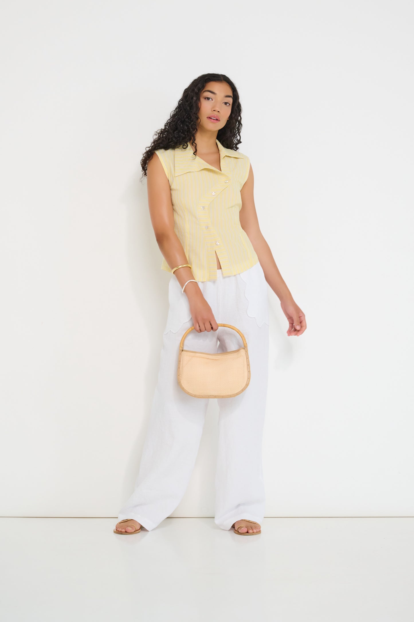 Reverie Vest in sunbeam stripe Japanese cotton styled with wide-leg trousers, lightweight summer vest made in Canada