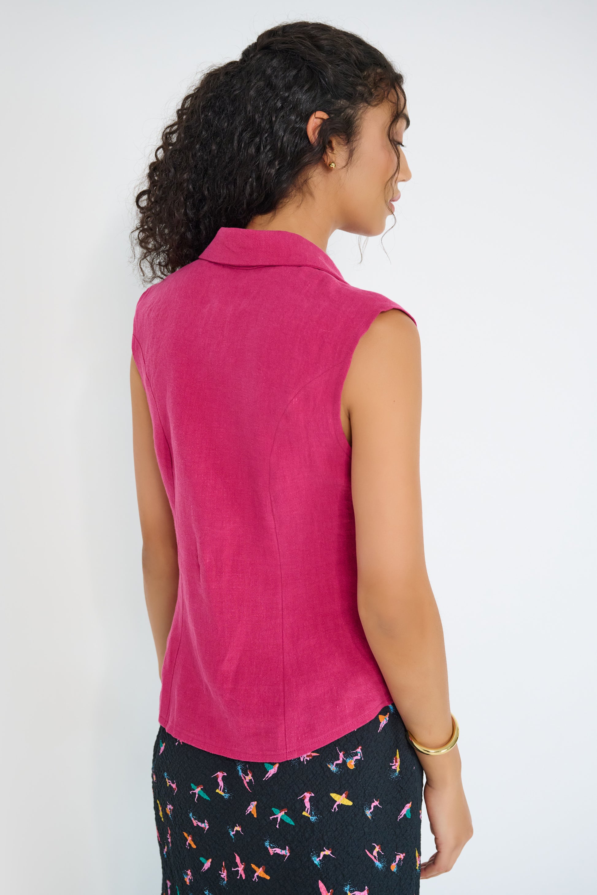 Reverie Vest Magenta European flax linen back view showing natural drape made in Canada