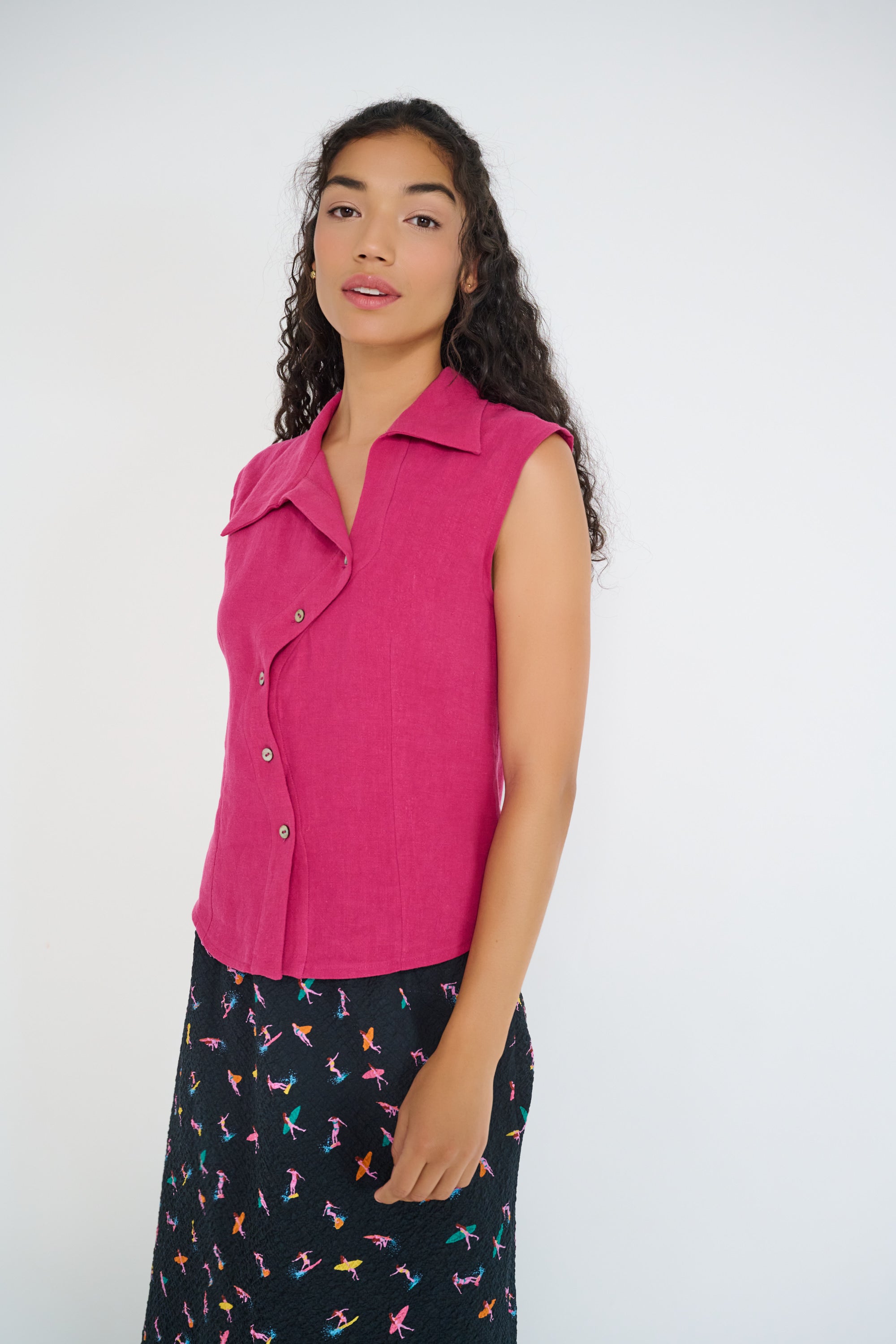 Reverie Vest Magenta European flax linen side view showing tailored shape made in Canada
