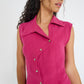 Reverie Vest Magenta European flax linen asymmetrical button-tab closure with seashell buttons made in Canada
