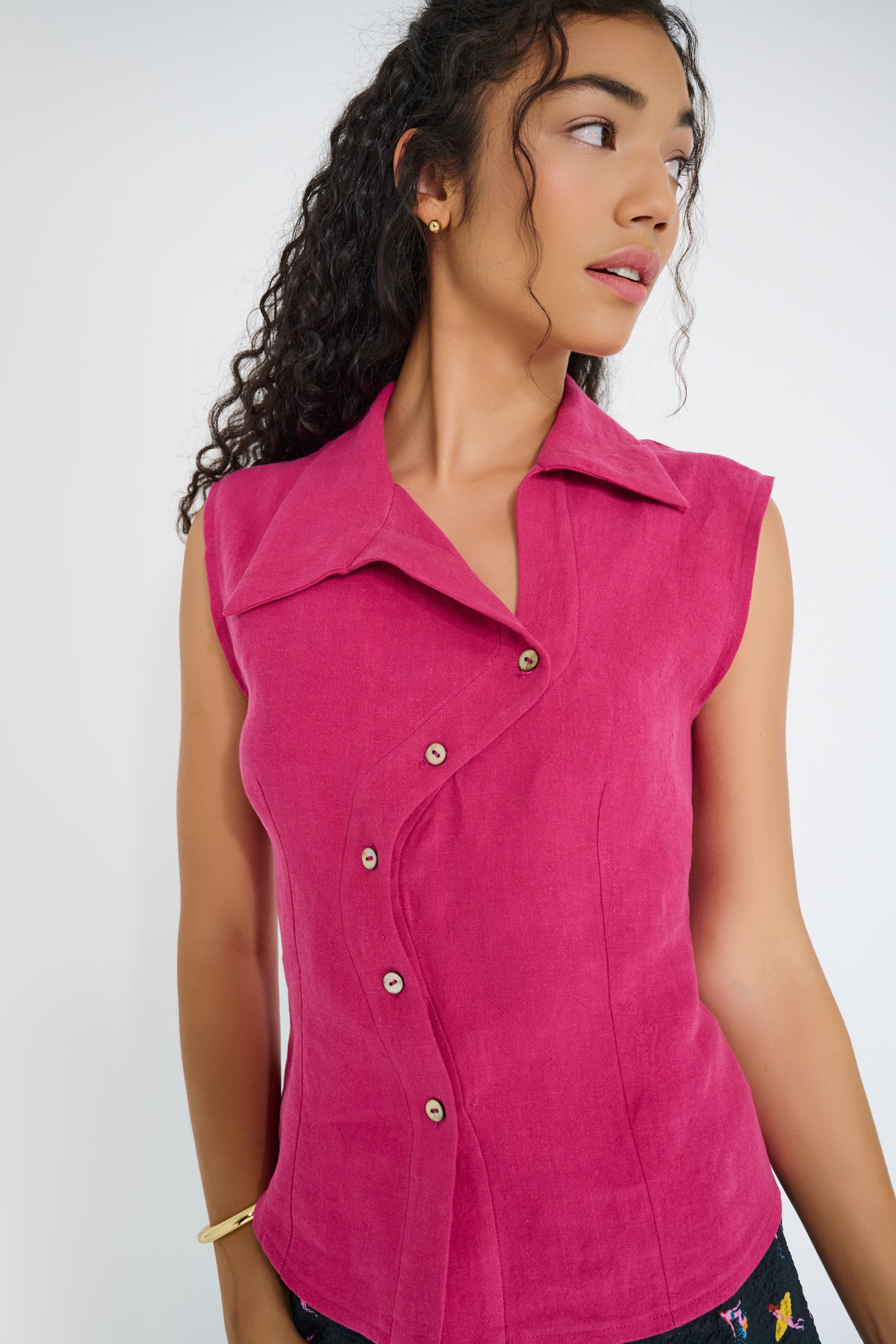 Reverie Vest Magenta European flax linen asymmetrical button-tab closure with seashell buttons made in Canada
