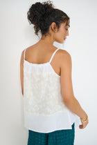 Stellaire Camisole in white linen with ivory lace panel and adjustable straps, back view made in Canada