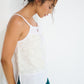 Stellaire Camisole in white linen with ivory lace panel and side slit detail, made in Canada