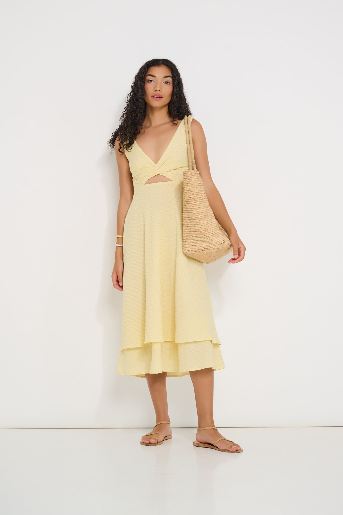 Ultimate Summer Dress in butter yellow striped Japanese cotton, midi summer dress for weddings and sunny destinations, made in Canada