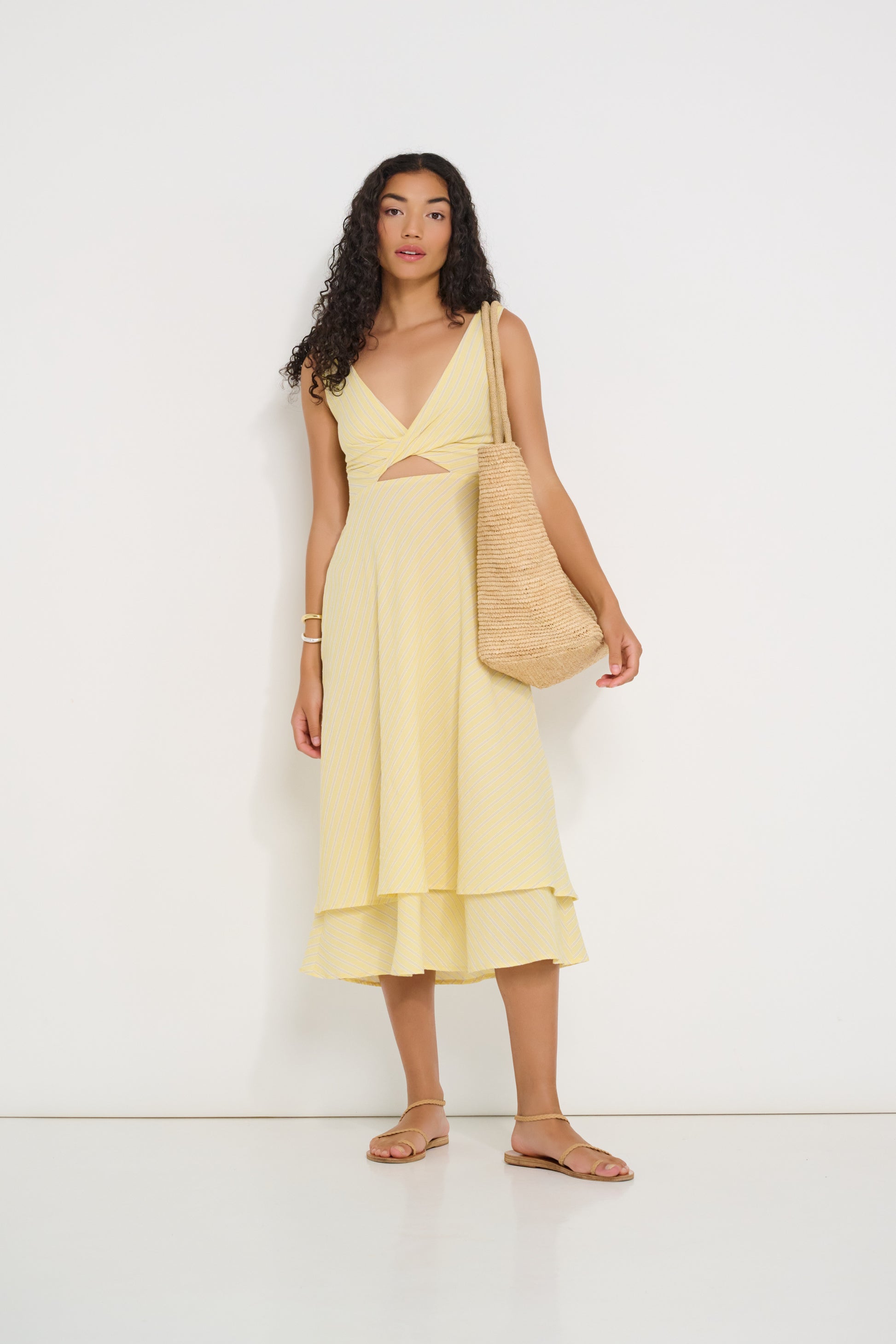 Ultimate Summer Dress in butter yellow striped Japanese cotton, midi summer dress for weddings and sunny destinations, made in Canada
