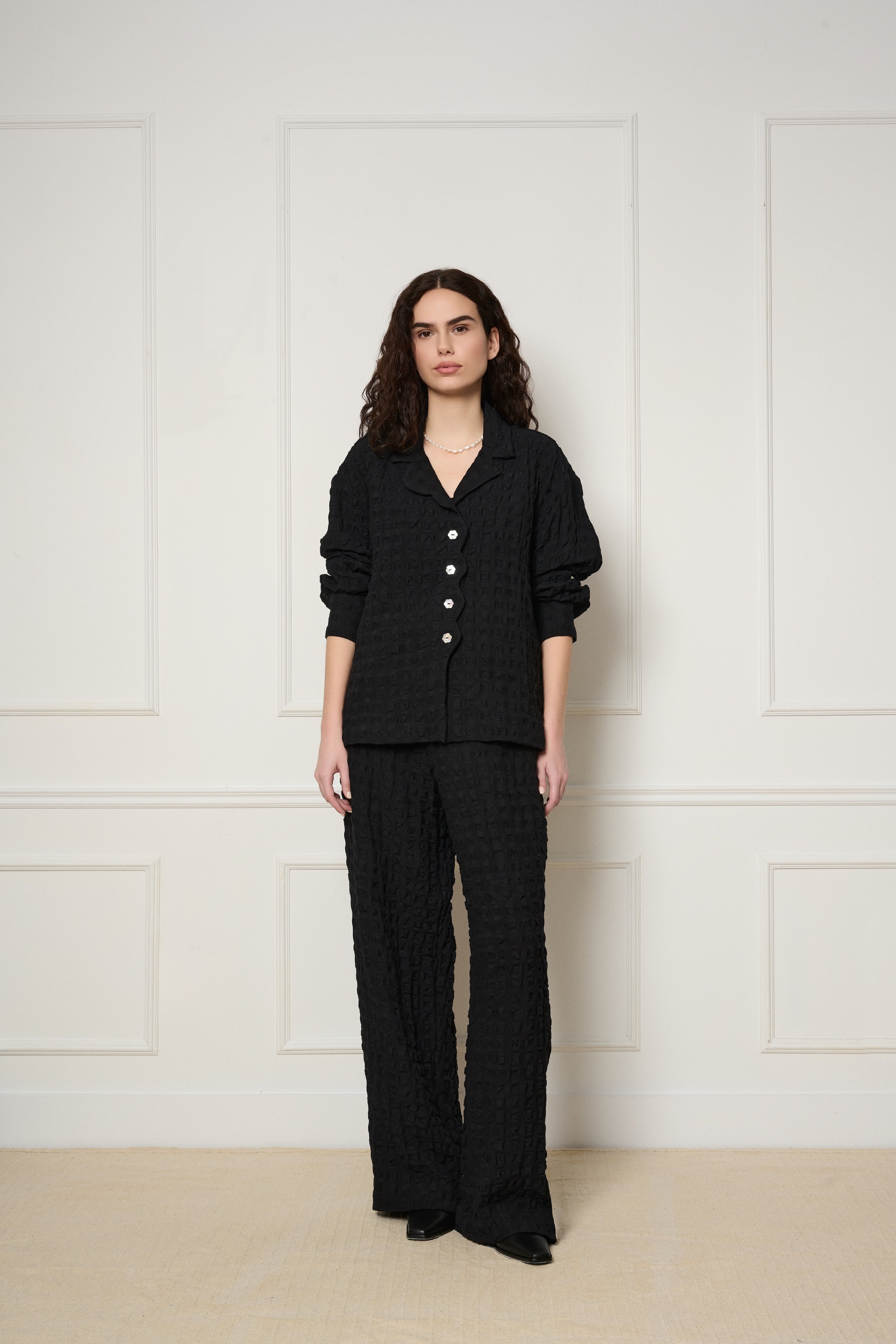 Voyage Jacket in black linen viscose seersucker made in Canada by dorsaLi