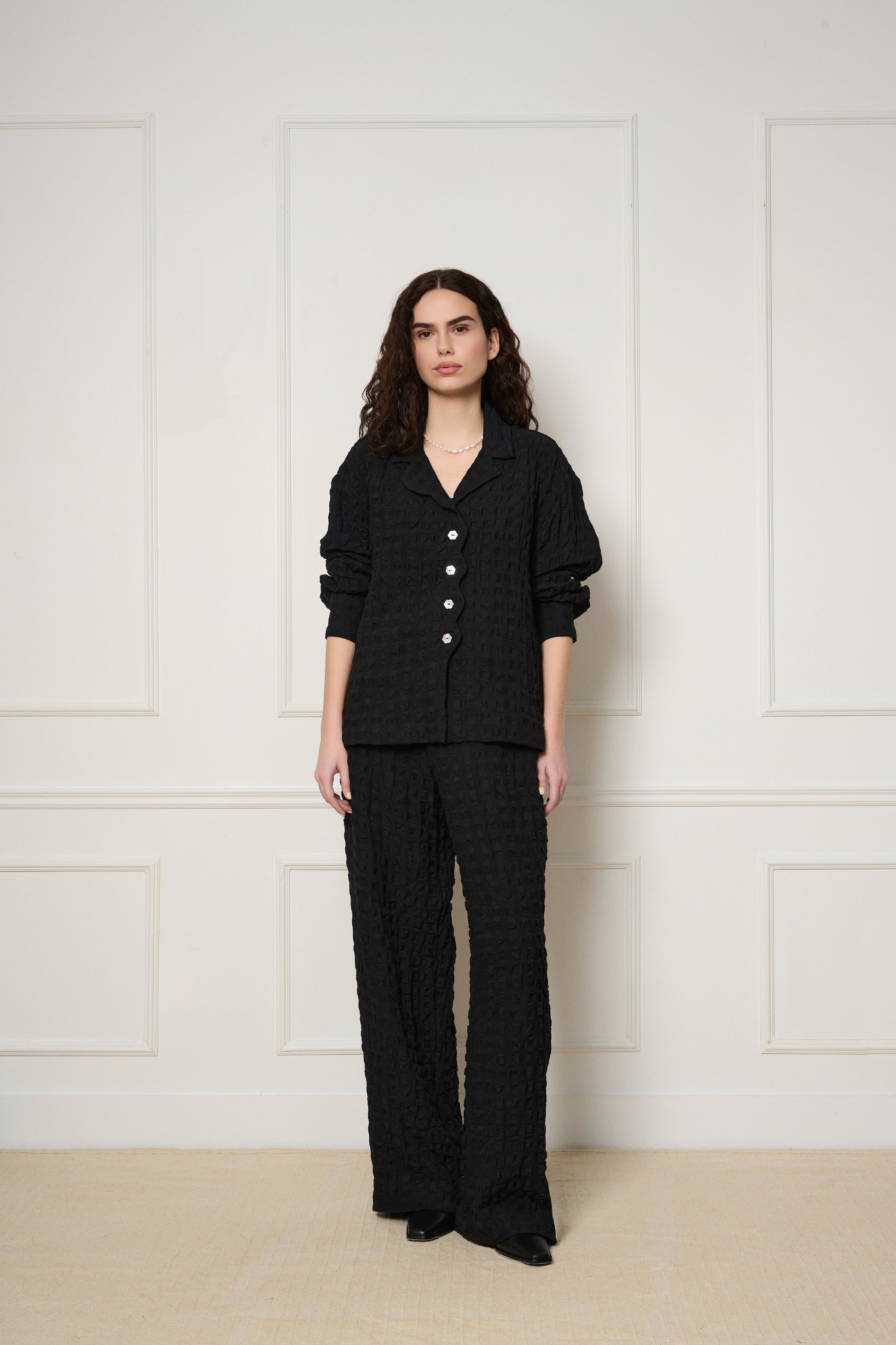 Voyage Jacket in black linen viscose seersucker made in Canada by dorsaLi