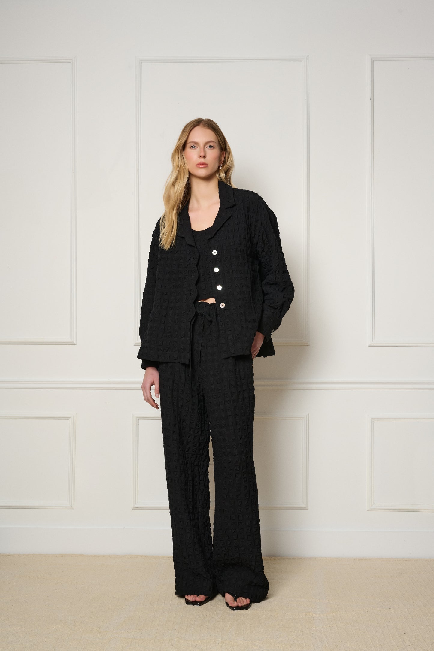 Voyage Jacket in black linen viscose seersucker front detail made in Canada by dorsaLi
