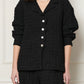 Voyage Jacket in black linen viscose seersucker full look made in Canada by dorsaLi seashell buttons