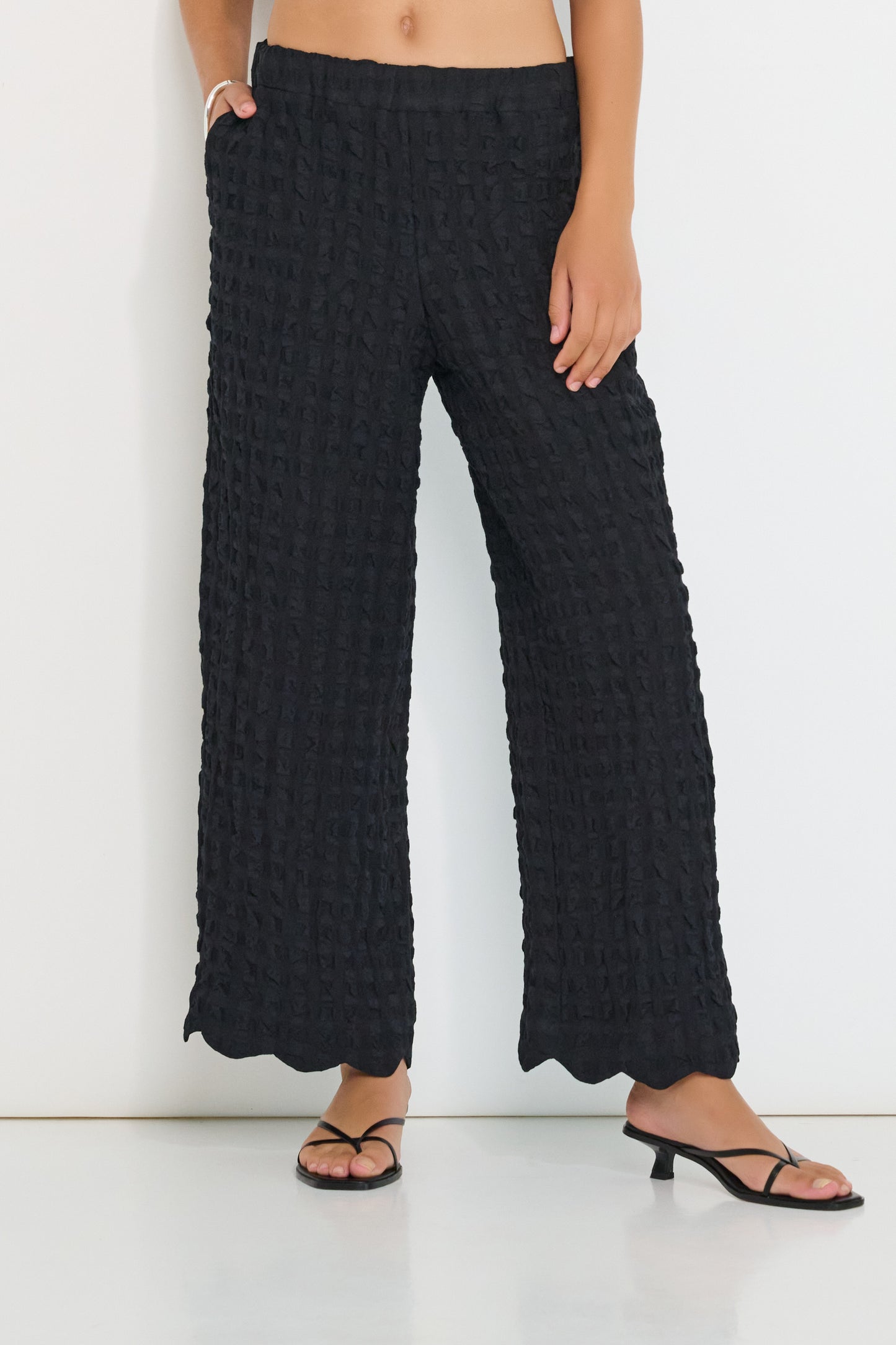 Voyage Pants black linen-viscose seersucker straight-leg pants front detail showing elastic waistband and textured fabric, made in Canada.
