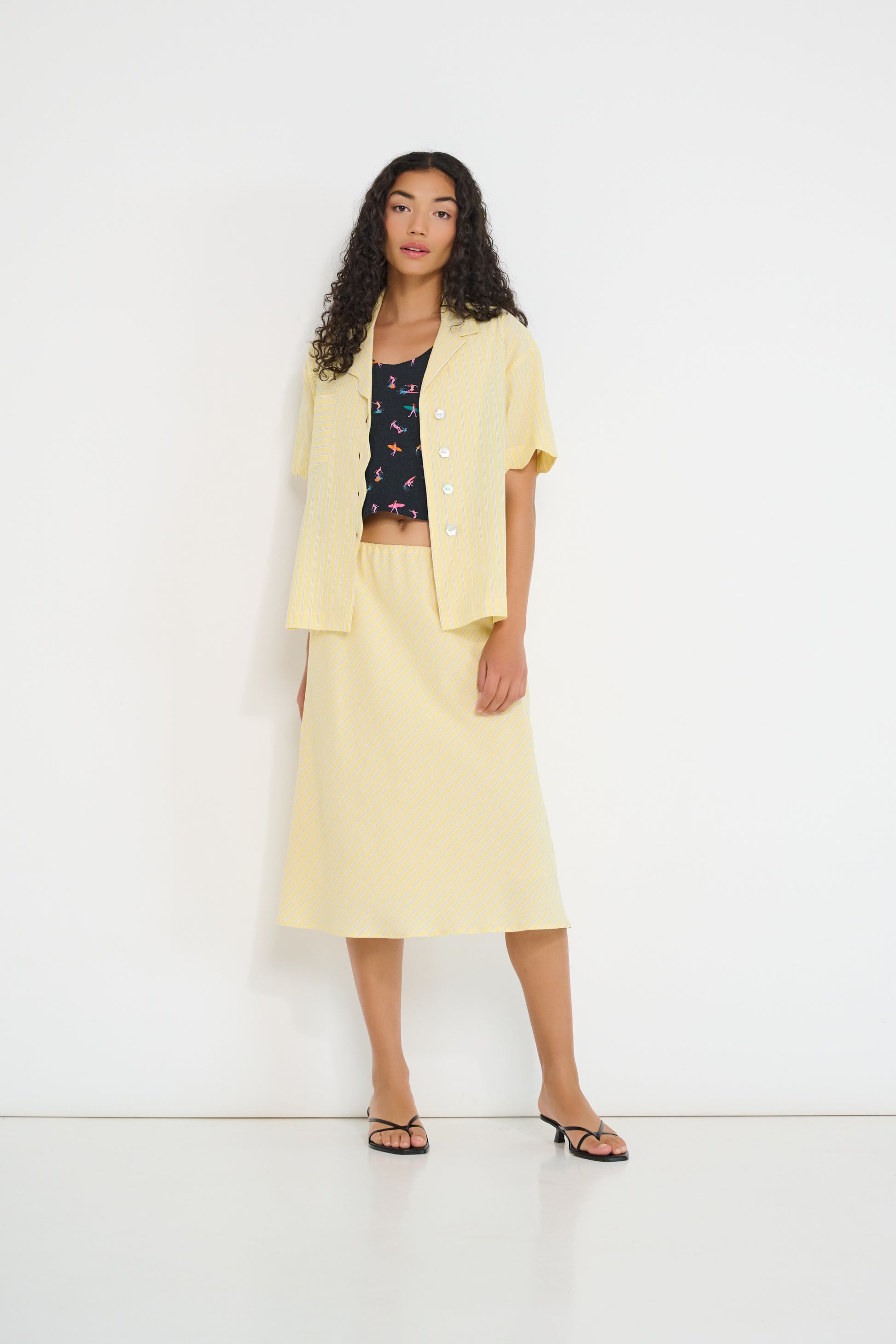 Voyage Shirt in sunbeam stripe Japanese cotton styled with matching Coastline Skirt, summer outfit made in Canada