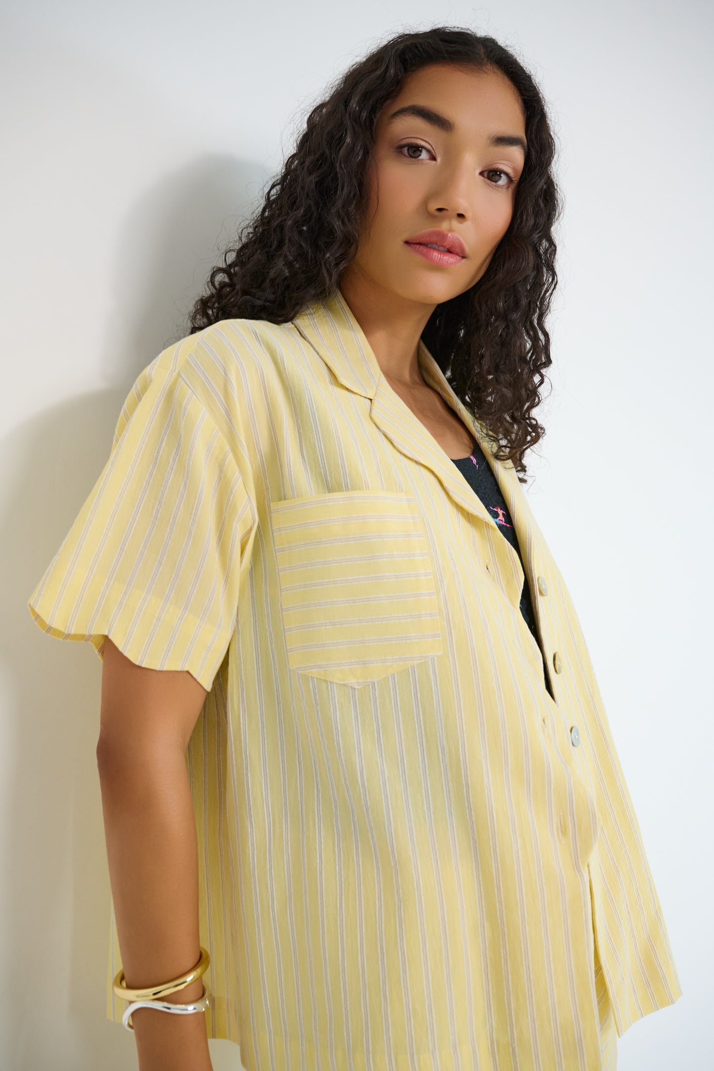 Voyage Shirt in sunbeam stripe Japanese cotton with front pocket detail and relaxed fit, made in Canada