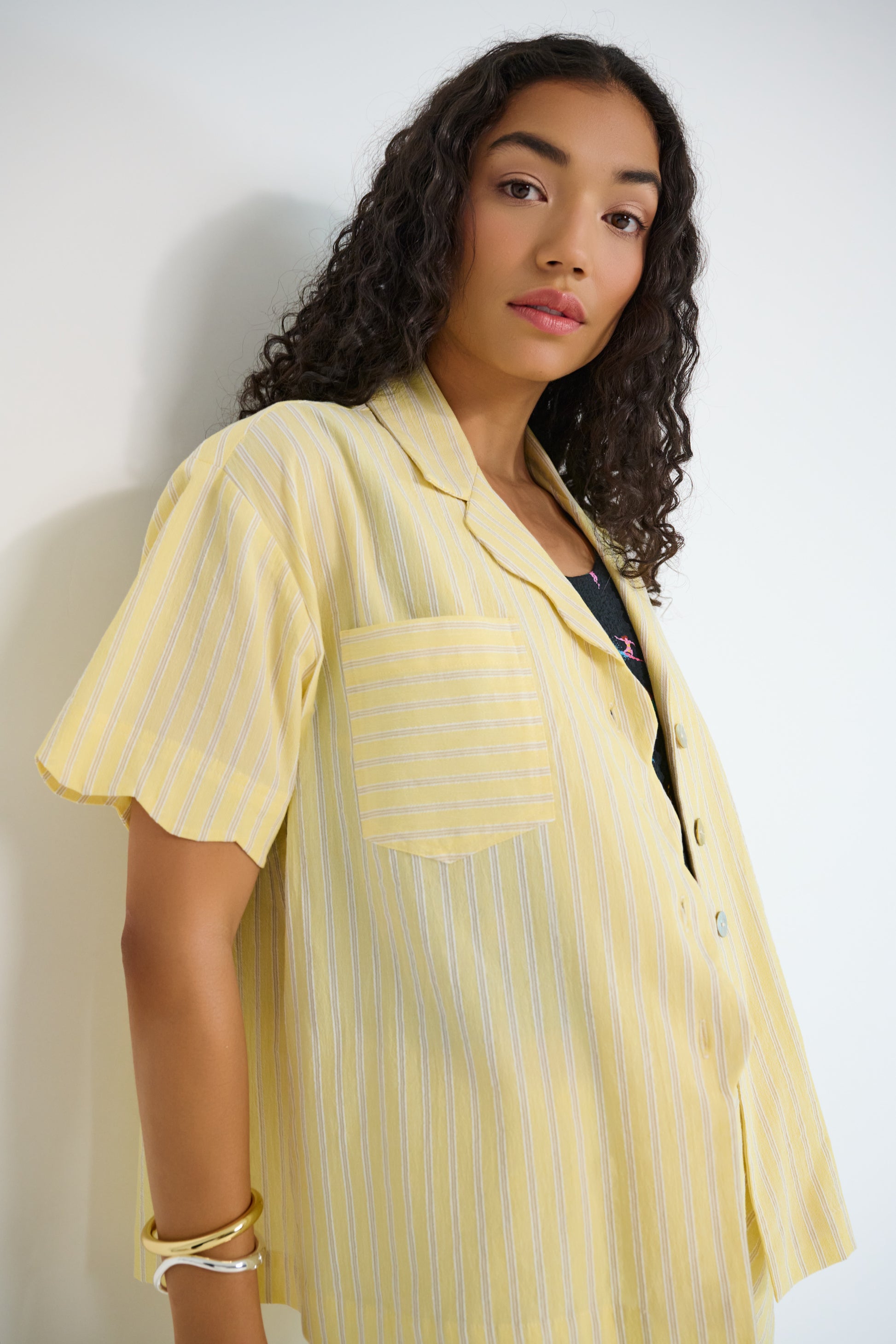 Voyage Shirt in sunbeam stripe Japanese cotton with front pocket detail and relaxed fit, made in Canada