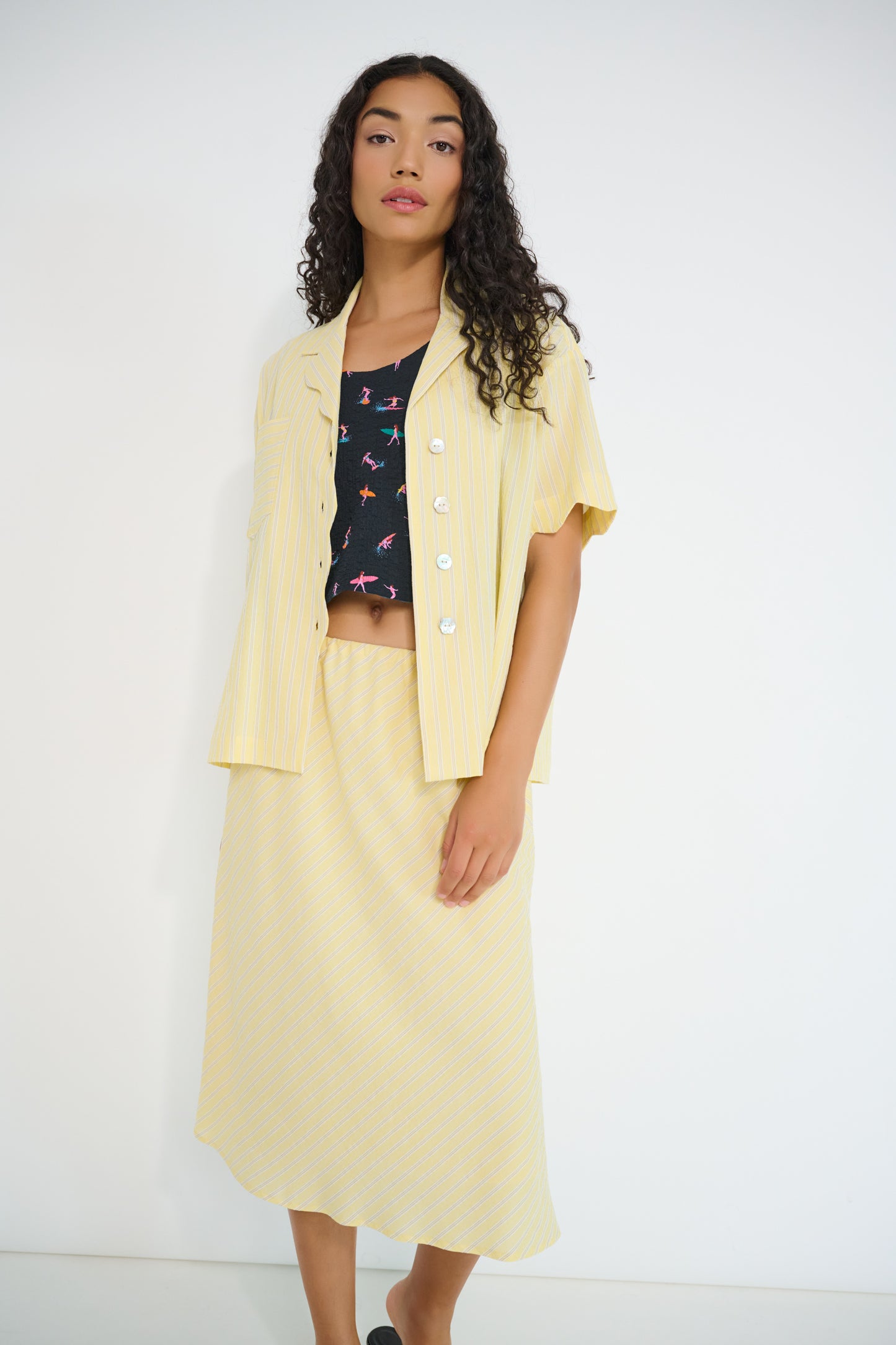 Voyage Shirt in sunbeam stripe Japanese cotton worn open over Reef Top, lightweight summer shirt made in Canada