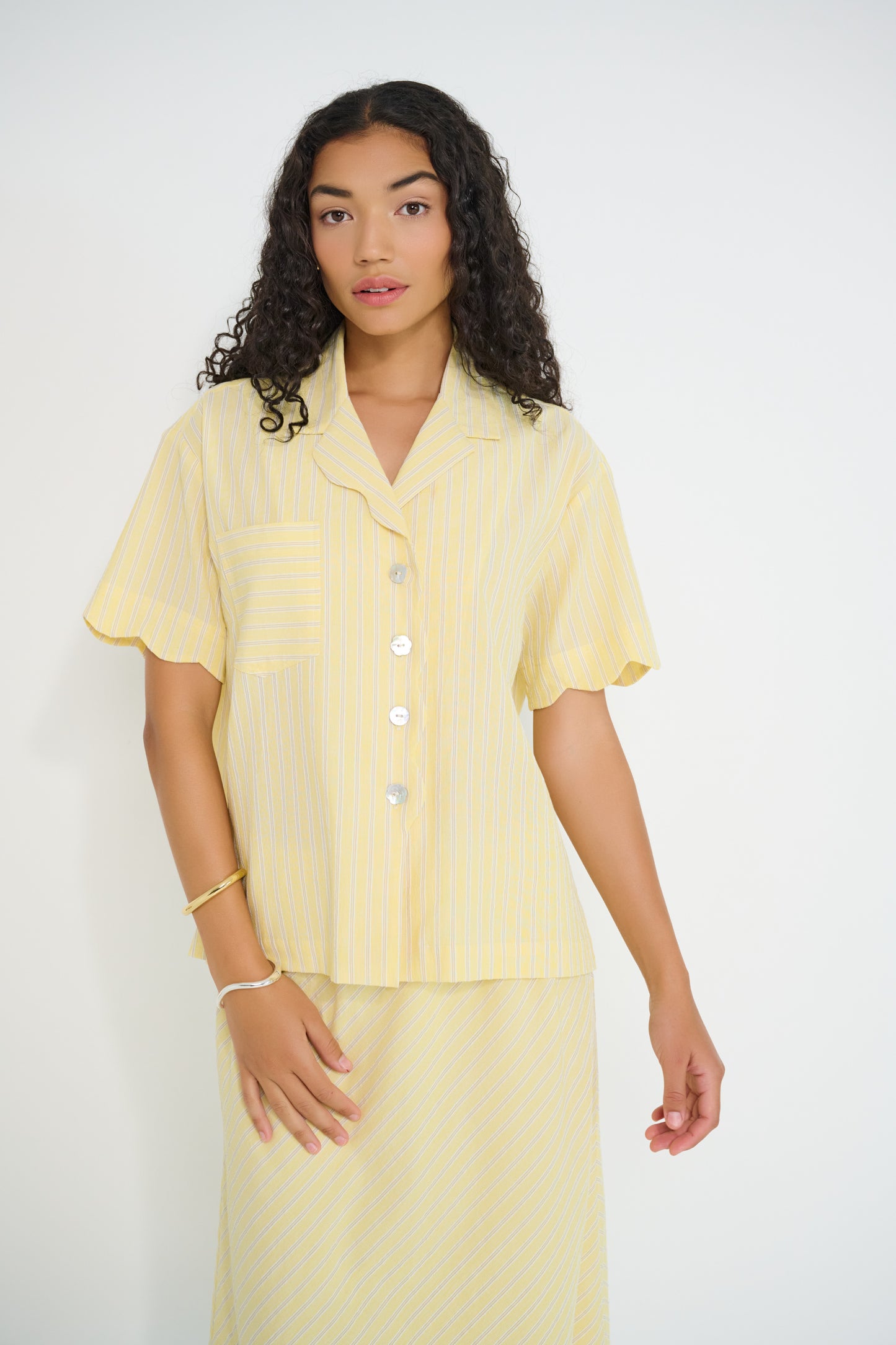 Voyage Shirt in sunbeam stripe Japanese cotton with scalloped sleeve detail, lightweight summer shirt made in Canada