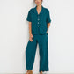 Voyage Shirt deep teal seersucker worn with Voyage Pants – relaxed summer set made in Canada with scalloped edges