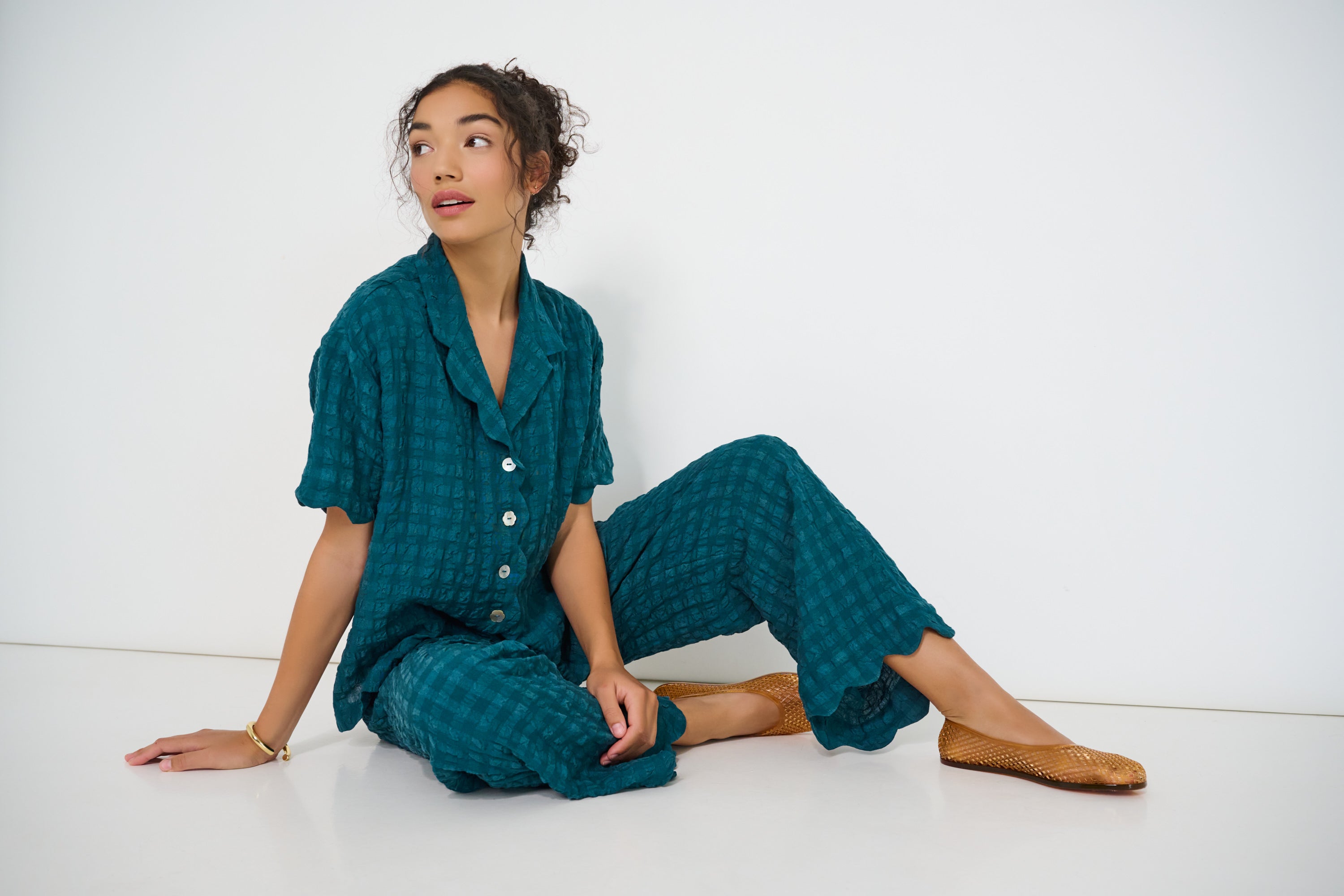 Deep teal Voyage Shirt and Pants worn as part of a matching set with Voyage Shirt