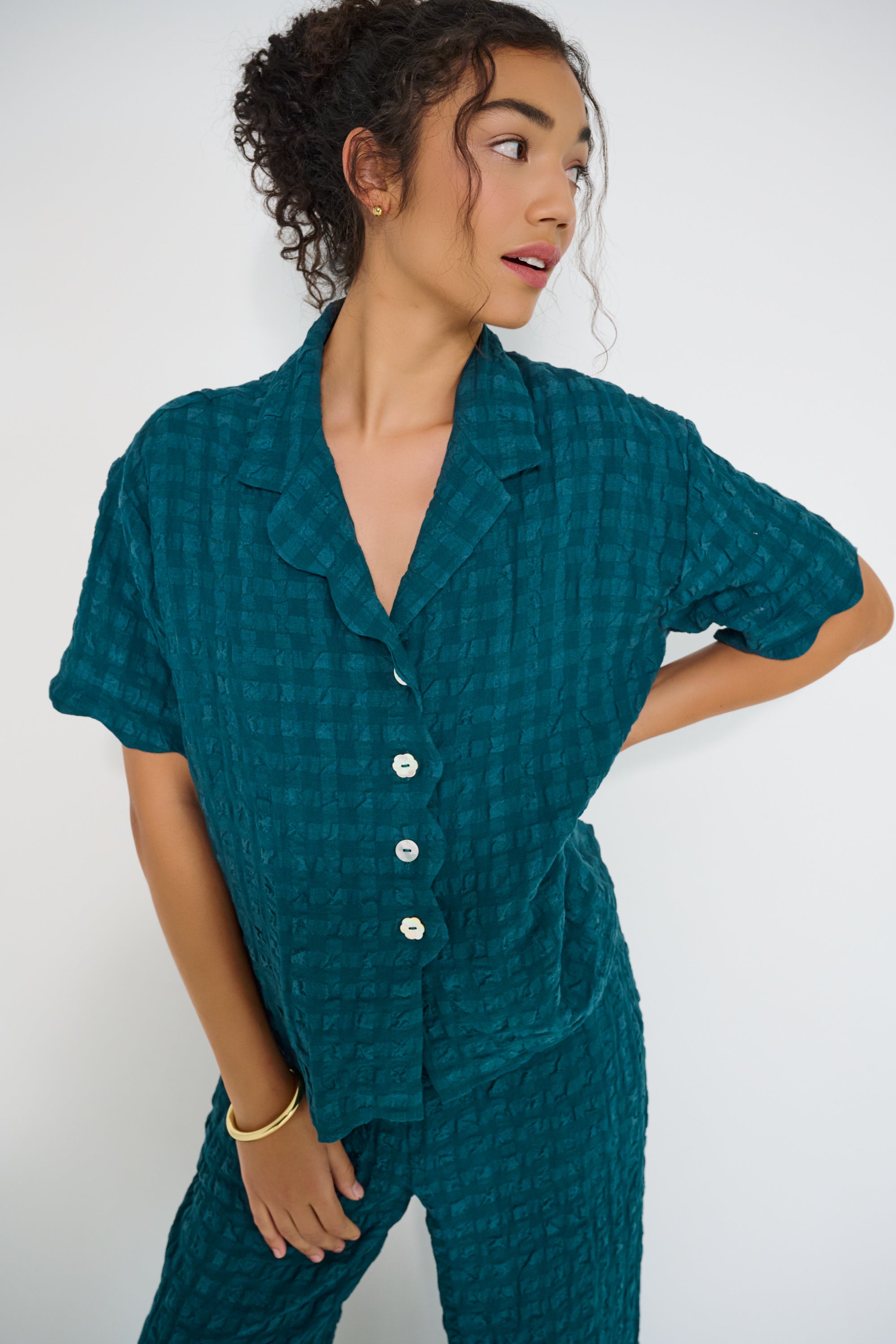 Voyage Shirt deep teal seersucker front view - relaxed straight cut shirt with Japanese seashell buttons made in Canada