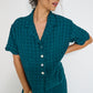 Voyage Shirt deep teal seersucker front view - relaxed straight cut shirt with Japanese seashell buttons made in Canada
