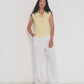 Reverie Vest in sunbeam stripe Japanese cotton on model, versatile fitted summer vest made in Canada