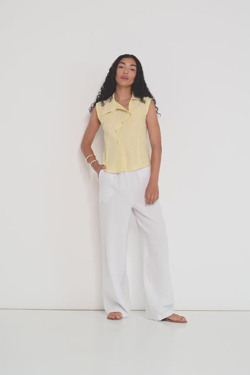 Reverie Vest in sunbeam stripe Japanese cotton on model, versatile fitted summer vest made in Canada