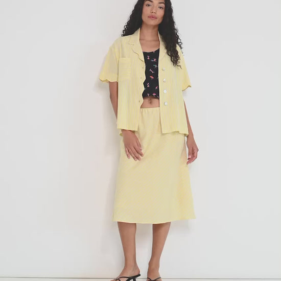 Voyage Shirt in sunbeam stripe Japanese cotton shown in movement, lightweight summer shirt with relaxed fit, made in Canada