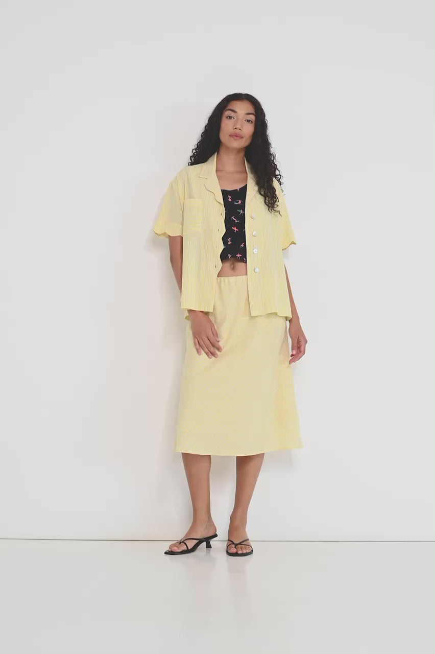 Voyage Shirt in sunbeam stripe Japanese cotton shown in movement, lightweight summer shirt with relaxed fit, made in Canada