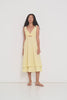 Ultimate Summer Dress in butter yellow striped Japanese cotton showing flowing midi silhouette and adjustable straps, perfect for summer events, made in Canada