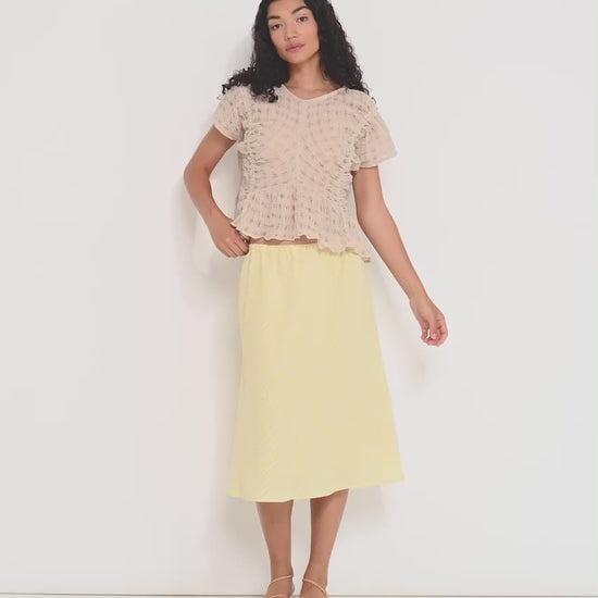 Delicia Top beige semi sheer linen gathered summer top made in Canada video